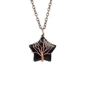 Close-up detail of the black crystal star pendant wrapped with copper wire tree design.