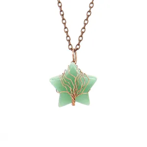 Detail view of a green crystal star pendant necklace with copper wire wrapped tree of life.