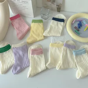 Damen Ins Mode Bonbonfarben Atmungsaktiv Mittelhohe Crew Socken Japanischer Stil Dünn Rippen Kontrastfarben Freizeit Socken