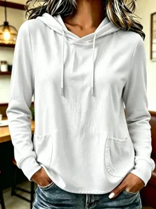 Women long sleeve solid white hoodie with adjustable drawstring casual pocket pullover top.