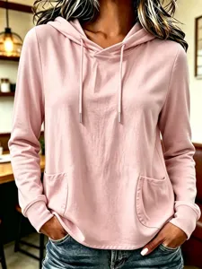 Pink long sleeve hoodie with adjustable drawstring hood and front pockets, detailed fit view.