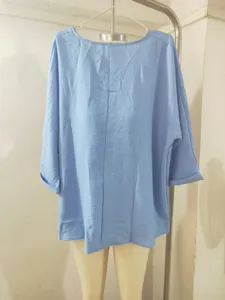 Blouse femme ample bleu clair décontractée col V manches courtes pull haut d'été quotidien