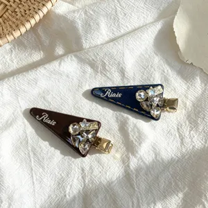 Vintage rhinestone triangle hair clip set, elegant side bang clip for women fashion styling.