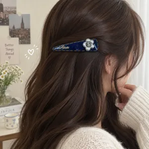 Vintage denim hair clip with pearls and rhinestones, stylish triangular side hair barrette for women.