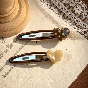 Cute brown polka dot and solid heart metal snap hair clips for sweet daily hair styling accessories.