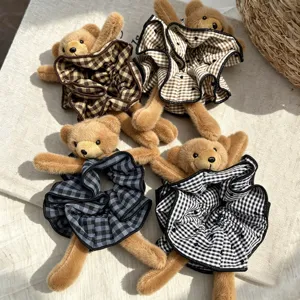 Cute Bear Plaid Hair Scrunchie Retro Tartan Lace Hair Tie Sweet Girls Elastic Hair Band Hair Accessories