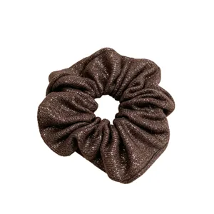 Brown glitter hair scrunchie for women, shiny silk ponytail holder, elegant daily hair tie.
