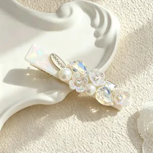 French luxury pearl rhinestone flower hair clip, elegant duckbill hairpin for women.