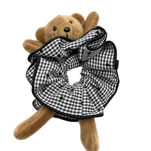 Cute brown teddy bear black white checkered hair scrunchie cute retro vintage hair tie accessory