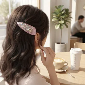 Exquisite pearl rhinestone hair clip detail, sweet pink side hairpin for daily styling.