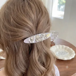 Korean style luxury pearl rhinestone hair clip, elegant sweet side duckbill clip for women.