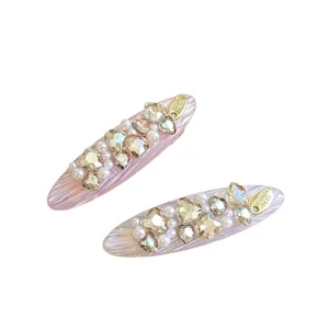 Korean style luxury pearl rhinestone hair clips elegant sweet pink duckbill side barrettes.