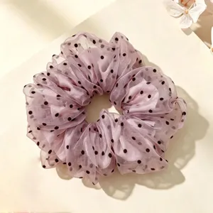 Pink polka dot mesh hair scrunchie, elegant casual ponytail hair tie for women and girls.
