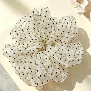 Korean style polka dot sheer mesh hair scrunchie for women, elegant lazy ponytail hair tie accessory.