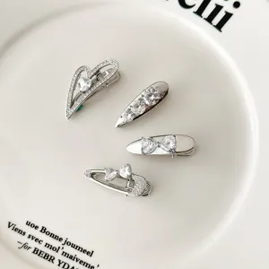 Fashion silver zircon hair clips set, cute heart and bow duckbill clips for women styling.
