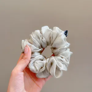 Pearl sheer fabric hair scrunchie fluffy ruffled hair accessory elegant casual ponytail holder