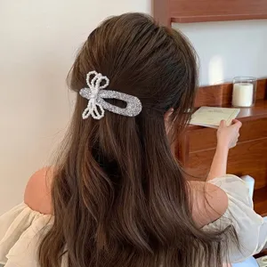 Korean style pearl bow rhinestone silver hair clip elegant side hairpin cute hair accessories