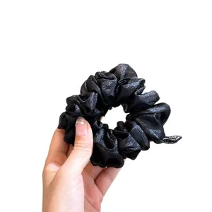 Black glittery tulle scrunchie, fluffy pleated hair tie, elegant French style hair accessory.