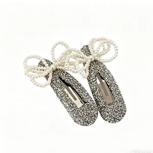 Korean style 3D pearl bow rhinestone silver BB clips cute sweet side hair clips for women