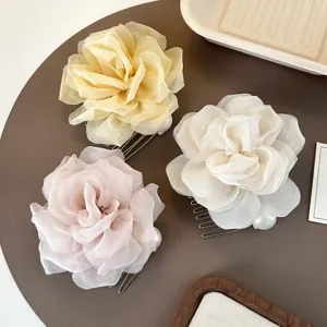 Sweet Camellia Pearl Hair Comb Fabric Artificial Pearl Hair Clip Elegant Floral Hair Accessories For Women Daily Party