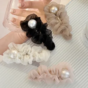 Korean style mesh hair clips with large faux pearl, sweet fashion side clips for women.