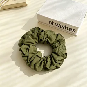 Dark green fabric hair scrunchie, soft ruffled ponytail holder, elegant women hair accessories.