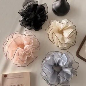 Korean style large hair scrunchies set, shiny glitter lace loose hair ties, detail view.