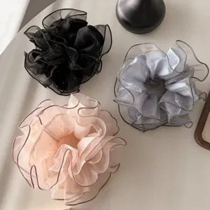 Korean style shimmering lace scrunchies, soft sheer hair ties for women, minimalist hair accessories.