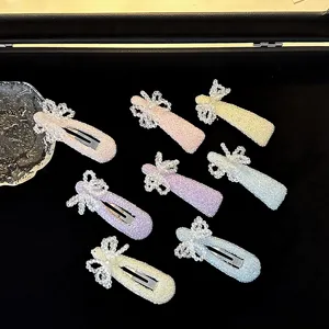 Korean style colorful crystal beaded bow hair clip sweet bb clip hair accessories for women