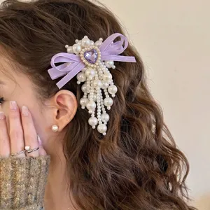 Korean Sweet Bow Faux Pearl Tassel Hair Clip Rhinestone Heart Duckbill Hairpin Side Clip Hair Accessories For Women