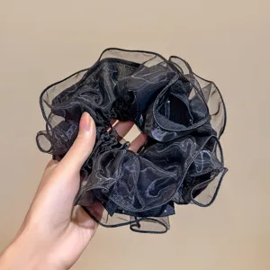 Korean style black glitter lace large hair scrunchie loose fluffy hair tie for women.
