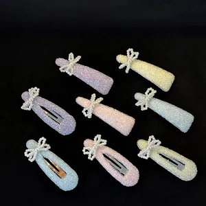 Set sprankelende strass parel strik haarspelden, schattige pastele eendenbek clips.