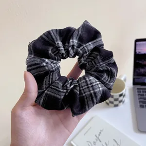 Black and white plaid scrunchie, vintage hair tie for women, soft elastic hair accessories.