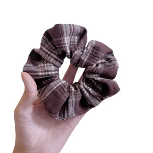 Brown plaid hair scrunchie retro hair tie for women ponytail holder daily fashion accessory.