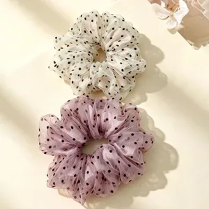 Korean style polka dot mesh hair scrunchies set, elegant fluffy ponytail hair ties.