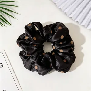 Chouchou à pois en satin noir pour femmes, élégant grand accessoire de coiffure pour queue de cheval.