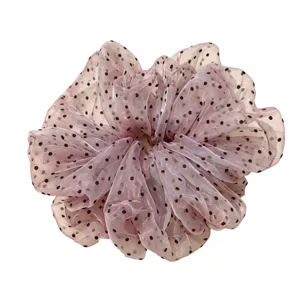 Korean style polka dot mesh hair scrunchie for women, fluffy sheer ponytail holder accessory.