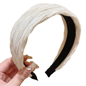 Korean retro wide pleated headband in elegant white with black inner lining for chic hair styling