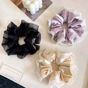 Pearl lace satin hair scrunchies detail view, soft elegant hair ties set for women and girls.