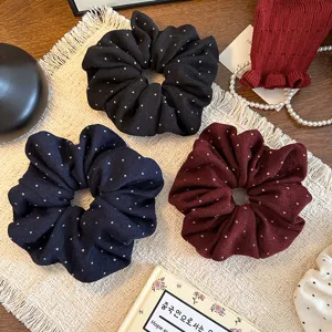 Korean style polka dot fabric hair scrunchies set, elegant pleated hair ties for women daily use.