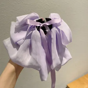 Purple chiffon hair claw clip with large bow and ribbon, elegant hairpin for women and girls.