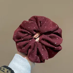 Korean style dark red polka dot fabric scrunchie, elegant pleated hair accessory for women.
