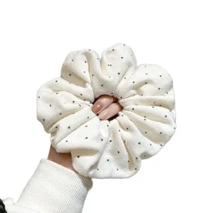 Korean style white polka dot hair scrunchie elastic hair band for women and girls.