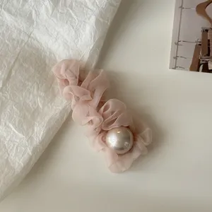 Korean style sheer mesh hair clip with large faux pearl, sweet fashion side accessory detail view.
