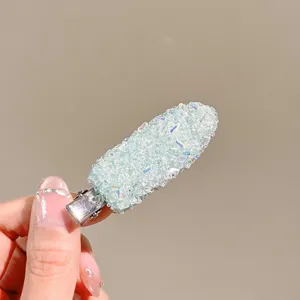 Korean style exquisite rhinestone crystal hair clip detail shot, elegant side BB hair barrette.