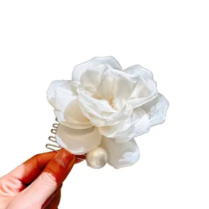 White camellia flower hair comb with pearl accent, sweet fabric hair accessory for women.