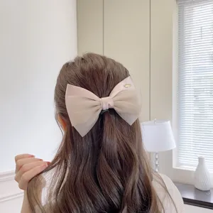 Detailed shot of elegant double layer bow hair clip organza sweet spring clip for women.