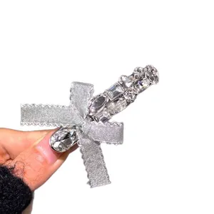 Silver rhinestone bow hair clip elegant sparkling side clip sweet hair accessory for women
