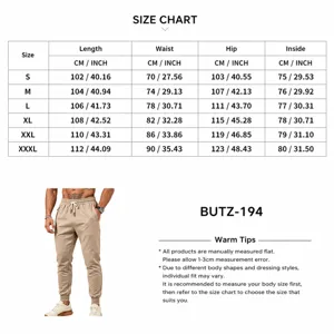 Guide des tailles de pantalon de survêtement homme, taille élastique cordon long.