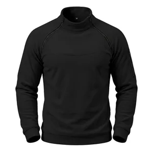 Men's Black Fleece Mock Neck Sweatshirt Diagonal Zip Pocket Long Sleeve Pullover Top